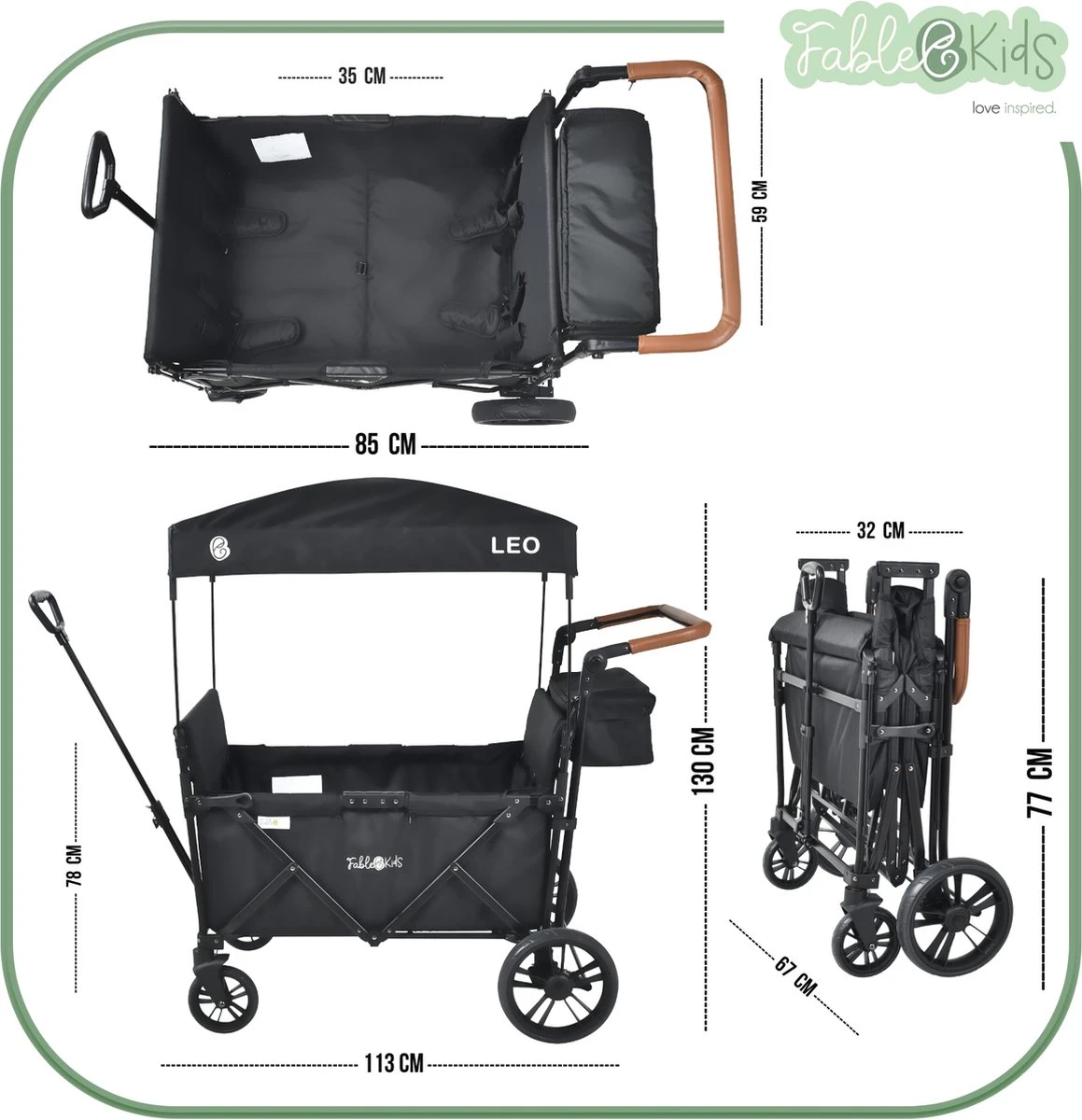 FableKids LEO X4Lite Opvouwbare handkar met dak Onyx Zwart FableKids LEO X4Lite Opvouwbare Handkar Met Dak Onyx Zwart -Bo-Camp Verkoop 1159x1200 6