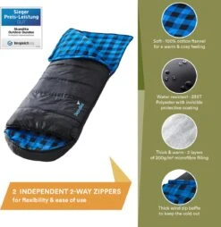 Skandika Dundee Flannel-L Slaapzak – Mummmieslaapzakken – Slaapzakken Volwassen - Maat M – Unisex - Katoen, Luxe Kwaliteit, Dubbele Slaapzak, 3 Seizoenen, Tot -20°C - 220 X 80 Cm - Outdoor Kampeerslaapzak – Ritssluiting Links - Zwart/blauw -Bo-Camp Verkoop 1168x1200
