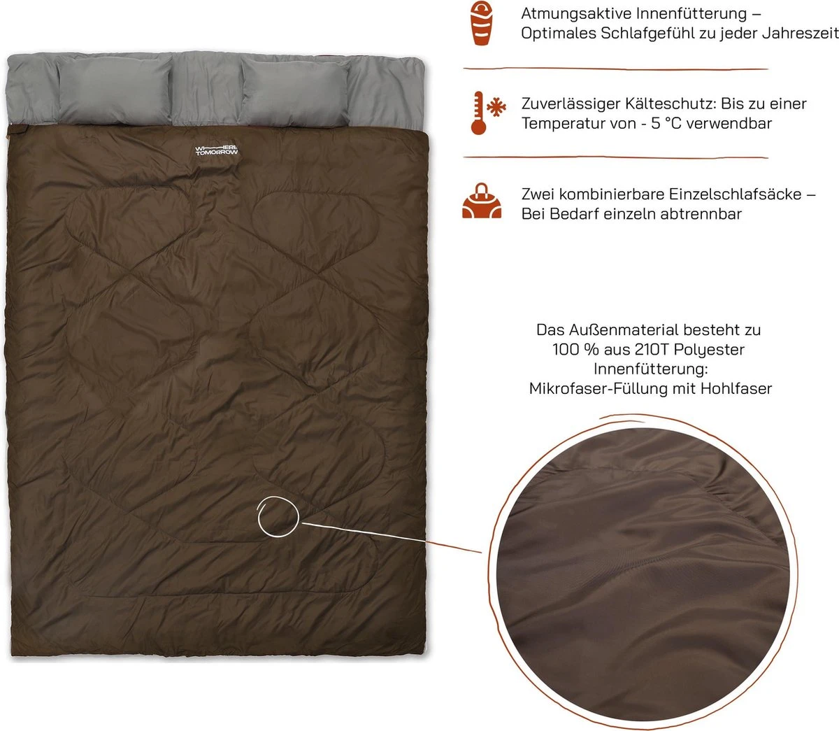 Where Tomorrow double slaapzak 220 x 150 cm diverse kleuren - bruin Where Tomorrow Double Slaapzak 220 X 150 Cm Diverse Kleuren - Bruin -Bo-Camp Verkoop 1200x1045 1