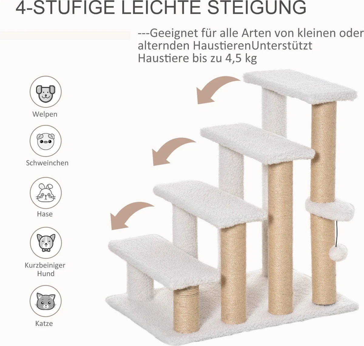 PawHut Huisdierentrap met krabpaal bal 4 treden kattentrap dierentrap pluche jute D06-093 PawHut Huisdierentrap Met Krabpaal Bal 4 Treden Kattentrap Dierentrap Pluche Jute D06-093 -Bo-Camp Verkoop 1200x1140 4