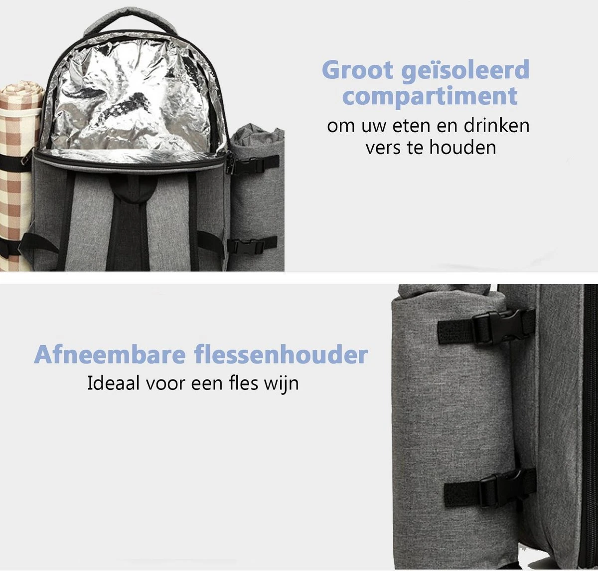 Kono Koeltas - Koelrugzak - Picknick - Picknicktas met Flessenhouder - Koelrugtas met Picknickkleed - Grijs (E6915 GY) Kono Koeltas - Koelrugzak - Picknick - Picknicktas Met Flessenhouder - Koelrugtas Met Picknickkleed - Grijs (E6915 GY) -Bo-Camp Verkoop 1200x1145 8
