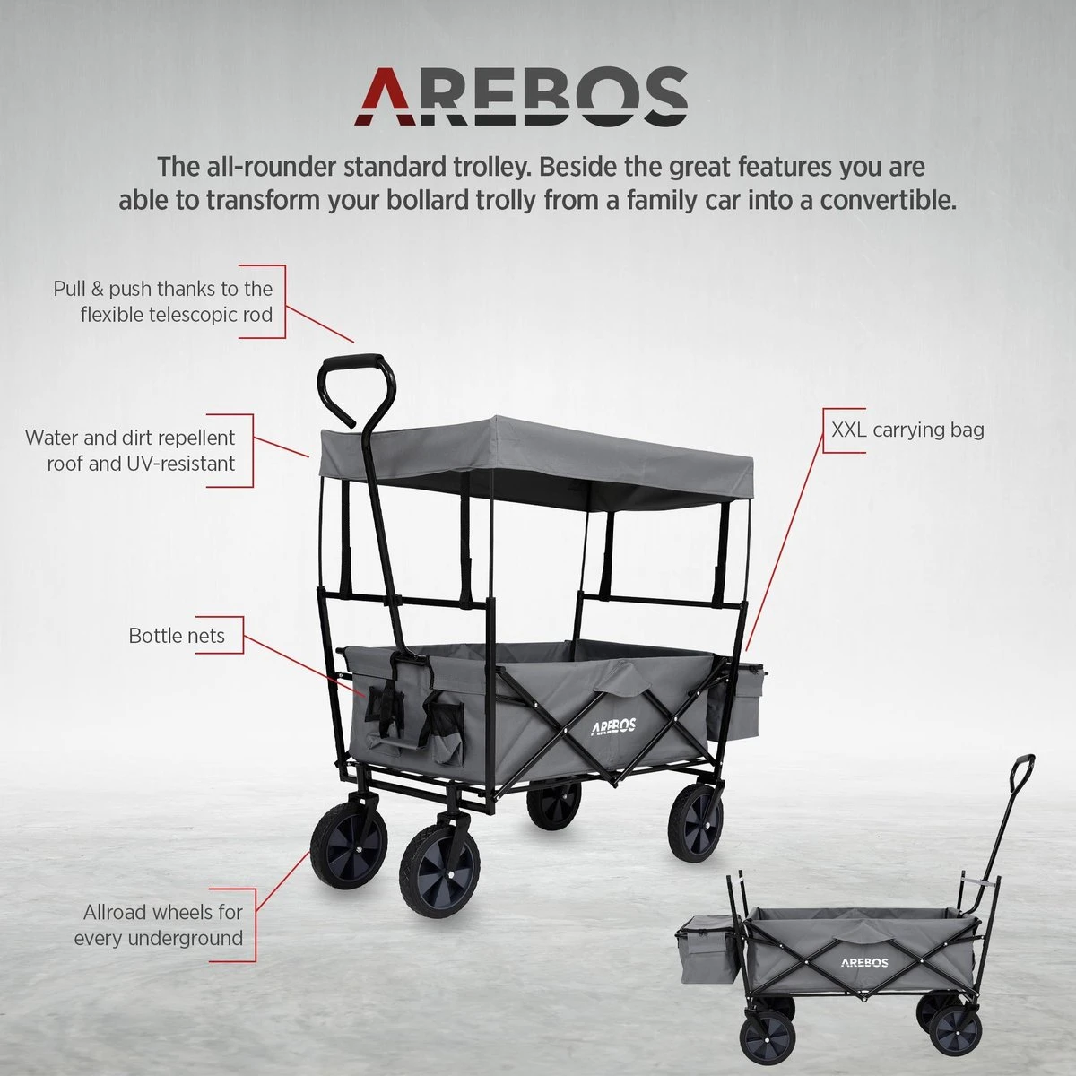 AREBOS Handwagen Vouwbare dak Handwagen Vouwbare Trolley Uitrustingswagen Grijs AREBOS Handwagen Vouwbare Dak Handwagen Vouwbare Trolley Uitrustingswagen Grijs -Bo-Camp Verkoop 1200x1200 1988