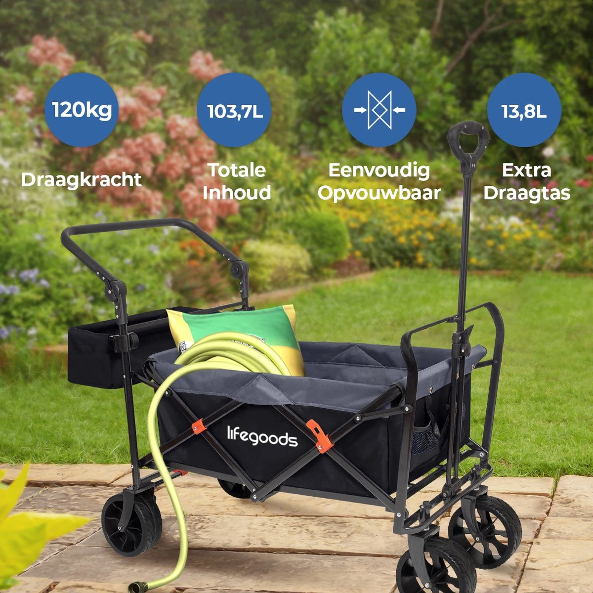 LifeGoods Bolderkar - Opvouwbaar - tot 120KG - 103L - Extra Draagtas en Duwstang - Wasbaar Polyester - 98x45cm - Zwart/Grijs LifeGoods Bolderkar - Opvouwbaar - Tot 120KG - 103L - Extra Draagtas En Duwstang - Wasbaar Polyester - 98x45cm - Zwart/Grijs -Bo-Camp Verkoop 1200x1200 2100