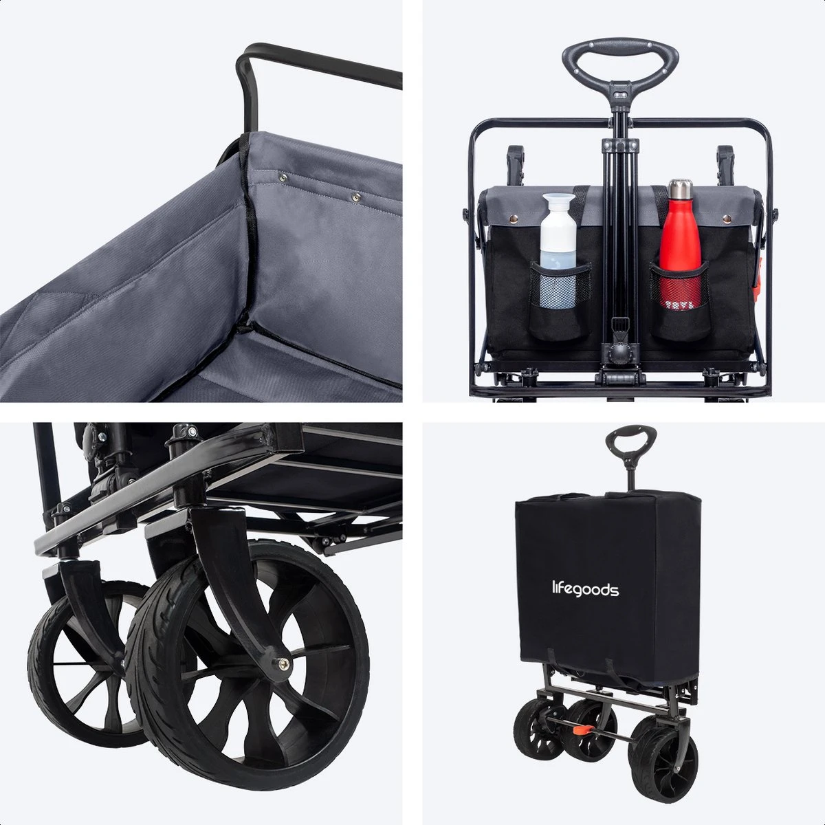 LifeGoods Bolderkar - Opvouwbaar - tot 120KG - 103L - Extra Draagtas en Duwstang - Wasbaar Polyester - 98x45cm - Zwart/Grijs LifeGoods Bolderkar - Opvouwbaar - Tot 120KG - 103L - Extra Draagtas En Duwstang - Wasbaar Polyester - 98x45cm - Zwart/Grijs -Bo-Camp Verkoop 1200x1200 2104