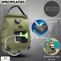 Needventure Solar Douche - Camping Douchezak - Buiten Douche - Tuindouche - Inclusief Thermometer - Waterzak Met Douchekop - 20L - Groen -Bo-Camp Verkoop 1200x1200 696