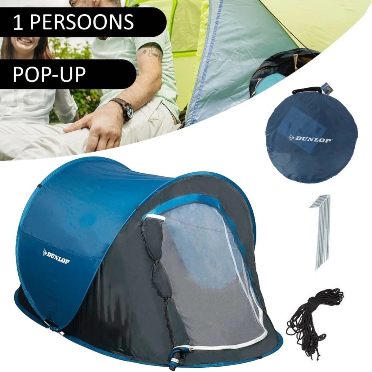 Dunlop Pop Up Tent 220 X 120 X 90 Cm - Grijs/ Blauw - 1 Persoons Dunlop Pop Up Tent 220 X 120 X 90 Cm - Grijs/ Blauw - 1 Persoons -Bo-Camp Verkoop 1200x1200 788