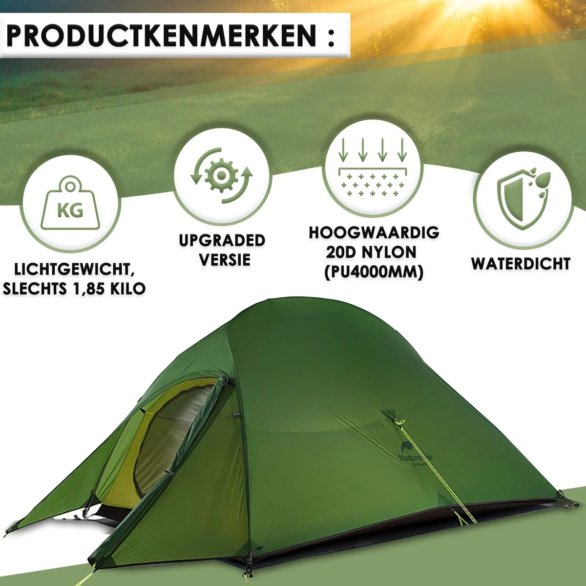 Cloud Up 3 Upgraded - Naturehike® - Tent 3 persoons - Lichtgewicht tent - Incl. grondzeil - 20D 4000MM - Outdoor kampeertent - Waterdicht - Hiking & Wandelen Cloud Up 3 Upgraded - Naturehike® - Tent 3 Persoons - Lichtgewicht Tent - Incl. Grondzeil - 20D 4000MM - Outdoor Kampeertent - Waterdicht - Hiking & Wandelen -Bo-Camp Verkoop 1200x1200 809