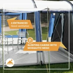 Skandika Montana 8 Tent – Tunneltenten – 8 Persoons Tent – Campingtent – 200 Cm Stahoogte – 2-4 Slaapcabines - Muggengaas – Familietent – 4 Ingangen – 700 X 310 X 200 Cm (L X B X H) - 5000 Mm Waterkolom – Outdoor, Camping – Kamperen – Blauw -Bo-Camp Verkoop 1200x1200 903