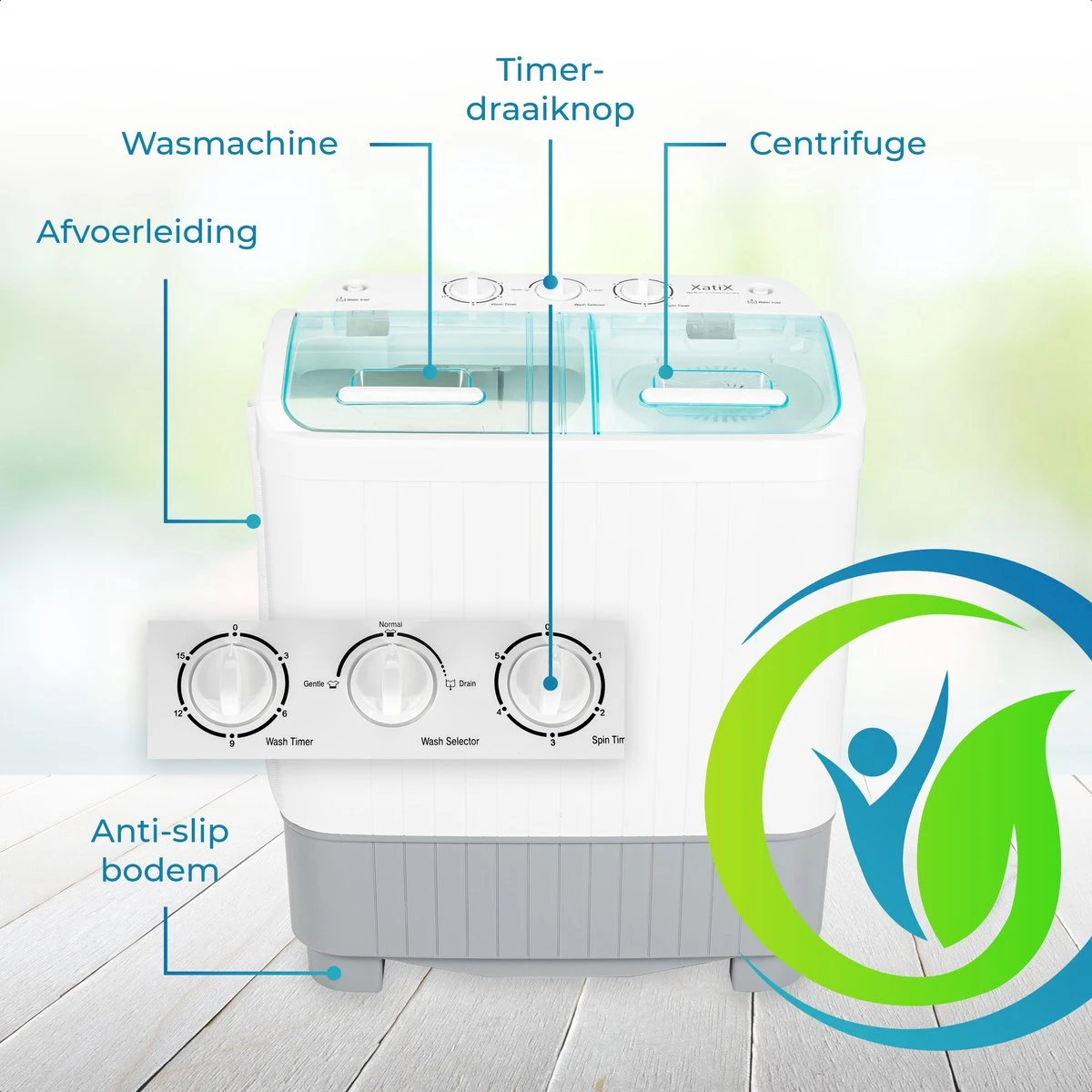 XatiX - Mini wasmachine met dubbele trommel 5,6 kg - Toerental 1400 XatiX - Mini Wasmachine Met Dubbele Trommel 5,6 Kg - Toerental 1400 -Bo-Camp Verkoop 1200x1200 977